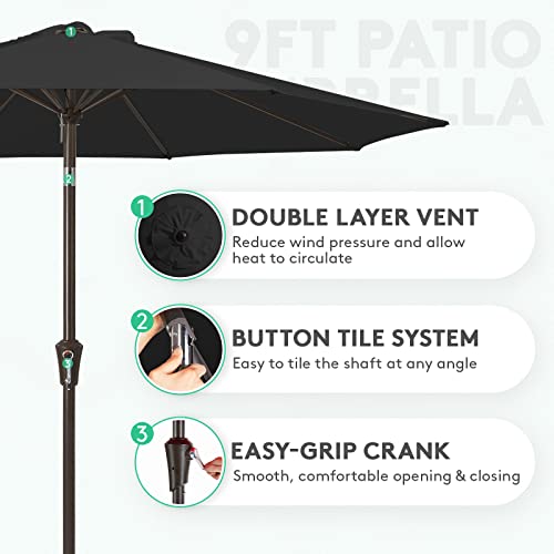 JEAREY 9FT Outdoor Patio Umbrella Outdoor Table Umbrella with Push Button Tilt and Crank, Market Umbrella 8 Sturdy Ribs UV Protection Waterproof for Garden, Deck, Backyard, Pool (Black) - color: Black