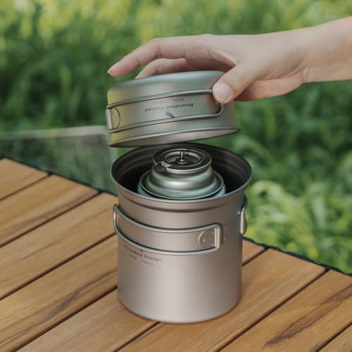 iBasingo Backpacking Cookset Titanium Camping Pots Set Ultralight Outdoor Picnic Pots Pans with Folding Handle Druable Portable Cooking Mess Kit Compact Picnic Dishes Bowls Cups (Multiple Sizes) - color: Ti2037C(750ML+300ML)