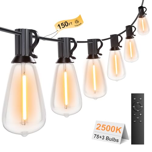 150FT Outdoor String Lights with Remote, Garden Patio Decor with 2500K Warm White, 75+3 LED Edison Bulbs, Support Timer Dimmable Waterproof Shatterproof for Yard Outside Porch Deck Backyard - size: 150FT