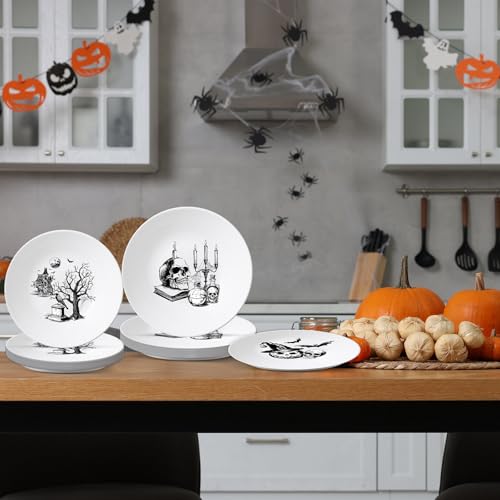 4 Set 10 Inch Halloween Gothic Plates Melamine Halloween Dinnerware Set Reusable Skull Candle Bat Tombstone Crow Melamine Plate Dishwasher for Toddlers Creatively Drop Resistant Cute Plastic Dish - style: Gothic