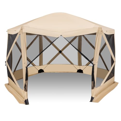 Tangkula 11.5x11.5 Ft Pop Up Gazebo with Netting, Portable Screen Tent with 6 Sided Mesh Walls, 2 Sunshade Cloths, Outdoor Instant Canopy Shelter with Carry Bag for Camping, Lawn, Backyard - color: Coffee, size: 11.5x11.5 Ft