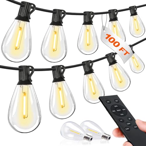Tenmiro 100FT LED Outdoor String Lights with Remote, 35+ 1 Shatterproof Bulbs Waterproof and Dimmable Patio Lights for Porch, Garden, Backyard, Deck, Balcony, 2700K Hanging Lighting - size: 100FT-Remote
