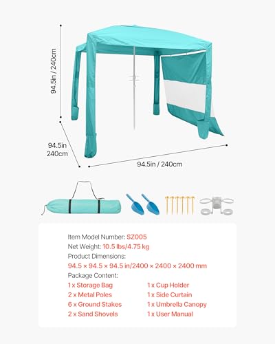 VEVOR Beach Cabana, 8 x 8 ft Beach Canopy with Side Wall, UPF 50+ Protection Easy Setup Cabana Tent with Sand Pockets, Adjustable Height Portable Shade Sun Shelter Umbrella for Family & Friends, Green - color: Green, size: 8*8