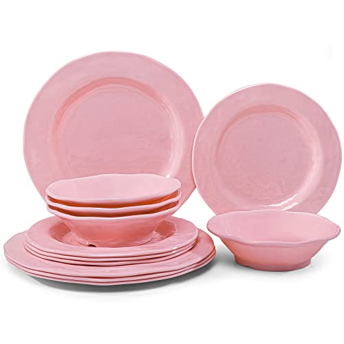LEHAHA Pink Dishes Melamine Dinnerware Sets, 12 Piece Kitchen Plates and Bowls Dinnerware Sets, Lightweight, BPA free Melamine Dishes for Girls, Valentine's Day, Mother's Day. - color: Pink