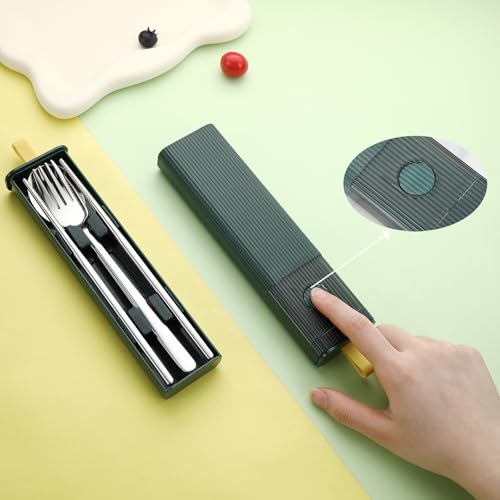 DEVICO Travel Utensils with Case, 18/8 Stainless Steel Reusable Silverware Set for Lunch Box, Portable Cutlery Set, Fork and Spoon Set for Camping, Lunch, Picnic, Workplace, School (Dark Green) - color: Dark Green