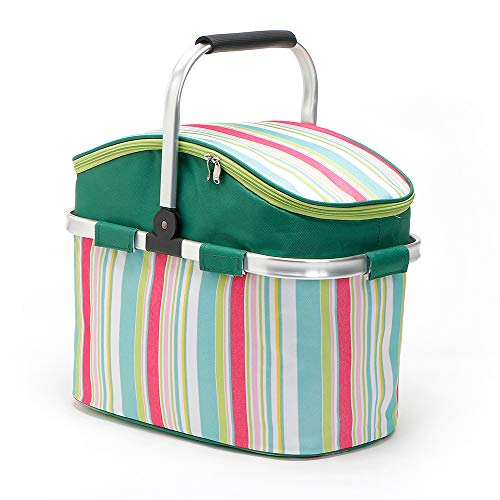 Insulated Picnic Basket 26L Portable Collapsible Market Basket Reusable Picnic Tote with Aluminum Handle Perfect for Camping, Shopping, Travel, Large Size Stylish Cooler Bag (Stripe) - color: Stripe