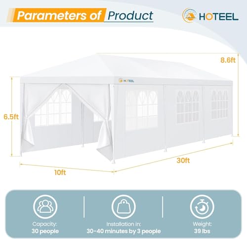 HOTEEL 10x30FT Party Tent with 8 Removable Sidewalls for Parties, Carpas para Fiestas Easy Set up, Weddings, BBQ, Baby Shower, Waterproof Outdoor Event Canopy, Patio Camping Gazebo, White - color: White, size: 10x30ft(+8 Walls