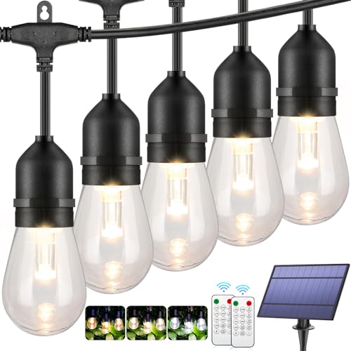 Mlambert 3-Color in 1 Solar String Lights Outdoor Waterproof Dimmable, 48ft Remote LED Patio Lights,15 Hanging Sockets Shatterproof Light for Backyard - color: Black, size: 48FT