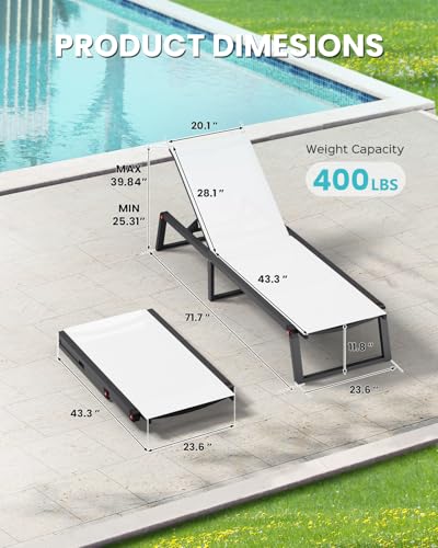 Aluminum Chaise Lounge Chair Outdoor, Foldable& No Assembly Patio Pool Lounge Chairs 5-Position Recliner for Outside, Fully Grounded Legs Sun Lounger for Poolside, Bright White, 2 Pack - color: Bright White, size: 2