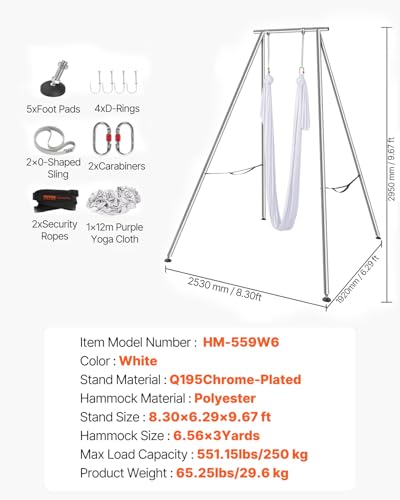 VEVOR Yoga Stand Frame, Max 441-551 lbs Load Swing Stand, Triangular Structure Aerial Rig, Aerial Silk Stands with Yoga Hammock, Standard & Height-Adjustable Version - color: White, style: Standard Version