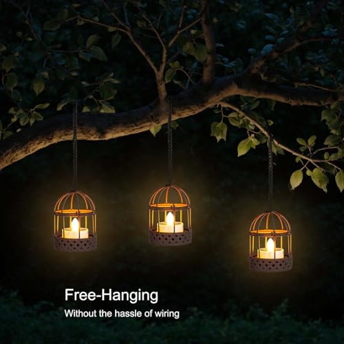 Solar-Hanging-Lanterns-Outdoor-Waterproof, Rust Birdcage Style Candle Holders with Flickering Solar Tea Lights for Backyard Patio Garden Fence Tree Decoration (3)