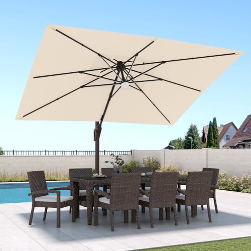 9 X 12 FT Cantilever Patio Umbrella with Led Lights and Base Included Outdoor Heavy Duty Double Top Rectangle Offset Umbrellas with 360-degree Rotation for Pool Deck Backyard, Beige - color: Beige, size: 9' X12' Weighted Base Included(LED)