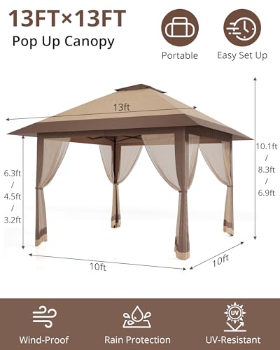 13x13FT Pop-Up Gazebo Canopy Tent - Double Roof, Mosquito Netting, Adjustable Height, UV-Resistant, Heavy Duty, Waterproof, Portable for Patio, Garden, Camping, Party - Khaki + Light Khaki - color: Khaki + Light Khaki