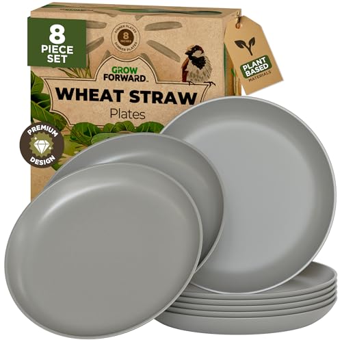 Grow Forward Premium Wheat Straw Plates - 8 Inch Reusable Hard Plastic Dinner Plates Set of 8 - Unbreakable Microwave Safe Plates for Dessert, Camping, RV, Outdoors, Patio, Kitchen Dishes - Feather - color: Feather Grey, size: 8 inch