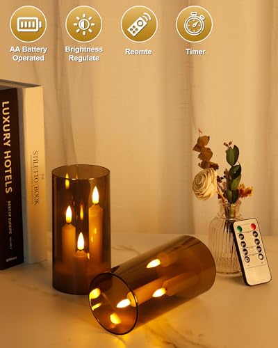 Enido 2 Pc Flameless LED 3-in-1 Taper Candles with Remote & Timer, Battery Operated Acrylic Pillar Set, 3" x 6" Flickering Electric Lights for Cozy Home & Holiday Romantic Decor (Gray) - color: Taupe