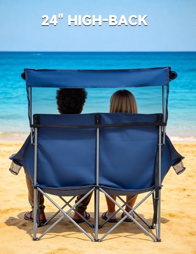 East Oak Double Camping Chair with Canopy | 24" High Back Camping Couch for Adults with 360° Sun Protection, 13 lbs Lightweight, 660 lbs Heavy Duty Canopy Chair for Outdoors - color: Blue, style: Camp Couch