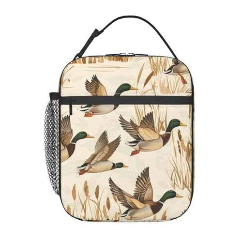Reusable Flying Duck Lunch Box for Kids Girls Boys Women Adult, Insulated Golden Reed Lunch Bag,Polyester Cooler Cute Handbags Case for School Picnic Work Travel Beach or Hiking - color: Duck 03
