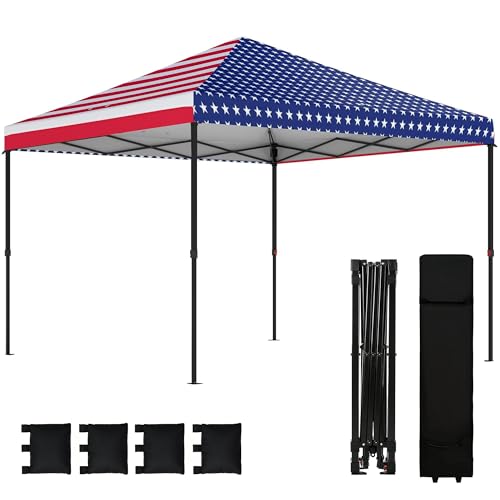 Outsunny 10 x 10 ft Pop Up Canopy Tent with One Push Setup, Easy Setup Outdoor Portable Instant Canopy Shelter with Wheeled Carry Bag, Sandbags, Adjustable Height for Parties, Events, American Flag - color: American Flag