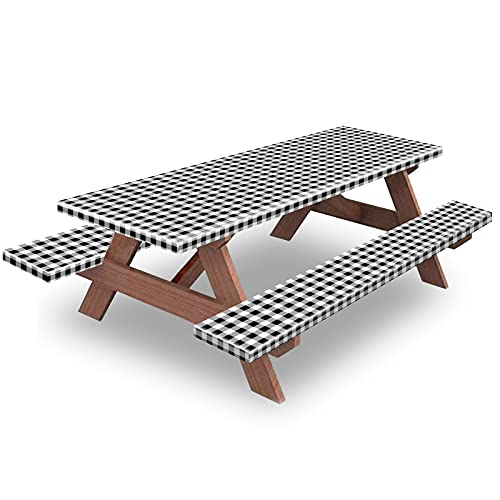 5ft Picnic Table and Bench Cover, Camping Essentials RV Gear, 60 in Waterproof Windproof Outdoor Elastic All Around Tablecloth, Fitted Rectangle Tables and Seats, Black-White Checkered - color: Black-white Checkered, size: 60"