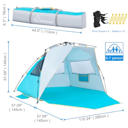 Wolfwise Instant Beach Tent Sun Shelter with Zippered Extendable Porch for Privacy, Portable Beach Tents with Carrying Bag, Easy Setup Pop up Beach Shade for 6-7 Person, 110 x57x57 in, Blue - color: Blue, size: 6-7 Person