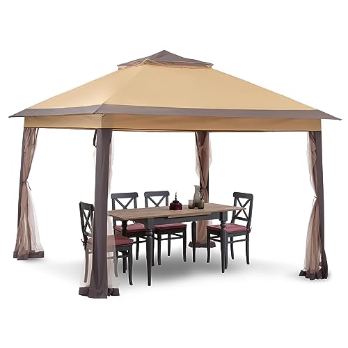 11x11 FT Gazebo Tent, Outdoor Tents for Parties with Mosquito Netting, Folding Heavy Duty Height Adjustable Canopy Tent for Patio Backyard Garden (Brown) - color: Brown