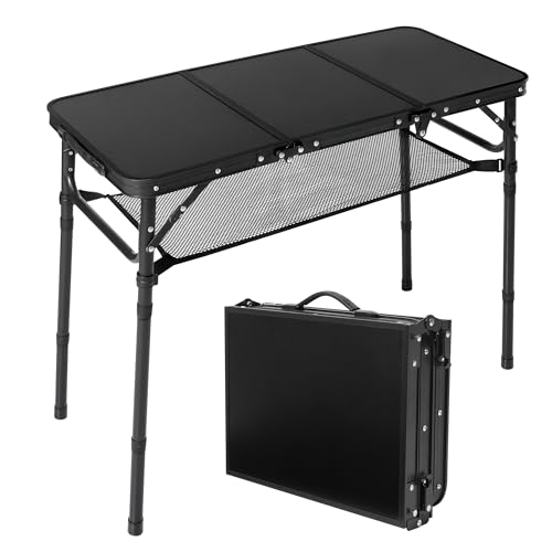Folding Camping Table with Storage Net,3ft Portable Aluminum Folding Table with 3 Adjustable Height Max 27.3 Inch for Outdoor Backyard BBQ Picnic Cooking Tents Beach Indoor Bedroom（Black） - color: Black