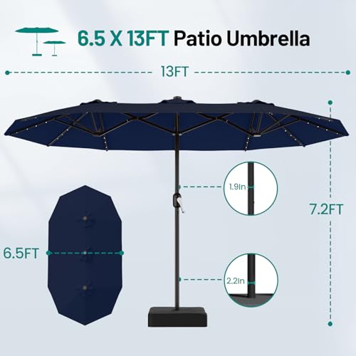 AreShark 13 FT Patio Umbrella with Solar Lights, Double-Sided Outdoor Table Umbrellas with Crank, Large Rectangular Market Umbrella for Porch, Lawn, Pool, Backyard, Navy - color: Navy, size: 6.5x13 Ft