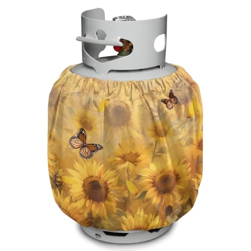 Sunflower Butterfly Propane Tank Cover Fits Standard 20 lb Tank Cylinde Travel Trailer Propane Covers with Elastic Slip in Gas Cover Water & Wear-Resistant for Outdoor and Indoor Use - color: Sunflower Butterfly