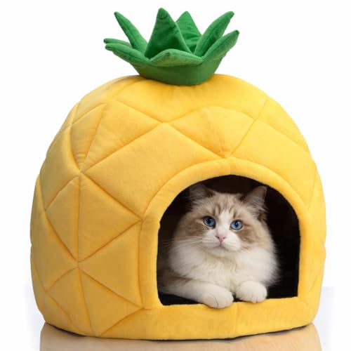 Hollypet Cat Bed Self-Warming Kitty Cave Hut House Nest Pet Sleeping Bed for Indoor Cats, Yellow, Pineapple Cave - color: Pineapple Cave