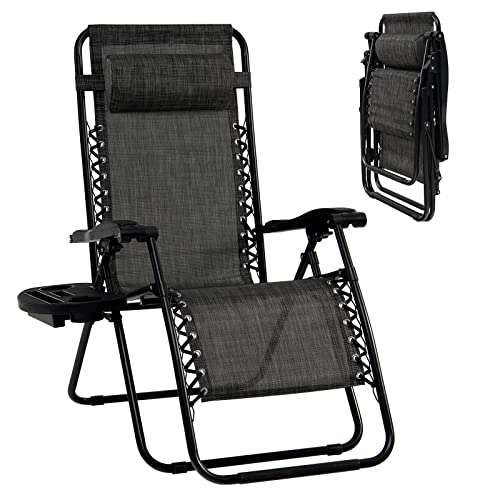 Goplus Zero Gravity Lounge Chairs, 160°Adjustable Folding Recliner w/Pillow and Cup Holder, 350LBS Comfy Outdoor Lounge Chairs for Patio, Lawn, Yard & Camp(1, Gray) - color: Grey, size: 35.4" x 25.2" x 43.3" (Set of 1)
