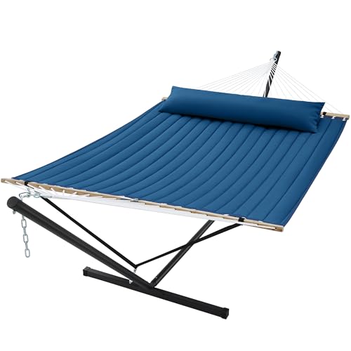 SUPERJARE Hammock with Stand, 2 Person Quilted Outdoor Hammock, Detachable Pillow & Bamboo Spreaders, Portable Hammock with Carrying Bag, Heavy Duty Stand, Perfect for Outside, Patio, Navy Blue - color: Navy Blue, size: 62.9"W × 78.7''D × 43.3''H