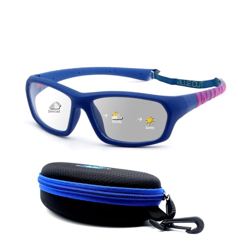 BLUE CUT Kids Sports Protection Goggles – Photochromic Safety Glasses for Children, Basketball, Baseball & Outdoor Sports - color: Blue/Pink Photochromic- Kids Size