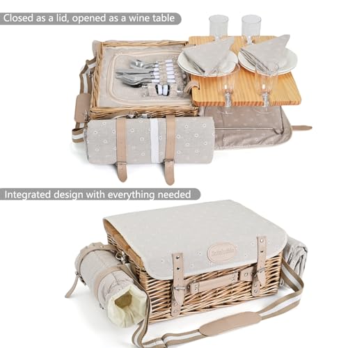Multifunctional Wicker Picnic Basket Set for 4 with Blanket and Picnic Table, Insulated Picnic Set with Full Tablewares for Camping Outdoor Couples, Flowers - color: Flowers With Blanket &Table for 4