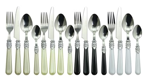 The Original Brink House Glam Mix & Match Stainless Steel Cutlery Set with Assorted Baroque Handles / 16 pieces with Metal Stand, Lifestyle utensils set for home, first apartment, dorm, dinner parties - color: Glam Assortment, size: Service for 4 (16 pcs)