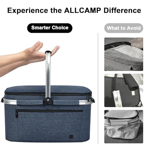 ALLCAMP Picnic Basket - 2 Ice Box Included 32L Insulated Cooler, Thickening Foldable Picnic Basket with Removable Baskets & Sewn-in Frame, Basket for House Warming Gifts New Home(Blue) - color: Blue, size: Large