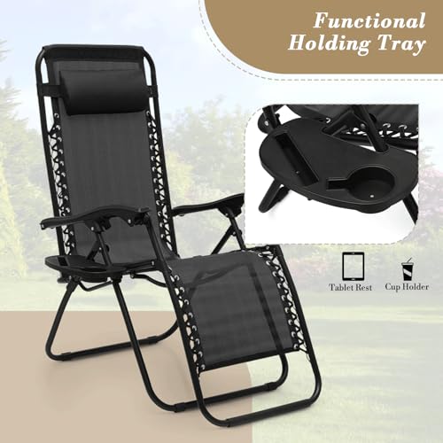 Athena Collection Zero Gravity Outdoor Lounge Chair Set of 2 with Side Table, 25" Width Pool Lounge Lawn Chairs Reclining with Cup Holder, Outdoor Chaise for Beach Patio Backyard Outside, Black - color: Black, style: 25" Width