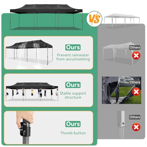 COBIZI 10x30 Heavy Duty Pop Up Canopy Tent with 8 Sidewalls Thicken Frame, Commercial Easy Up Outdoor Wedding Party Tents, All Season Waterproof Windproof with Stakes Sandbags Ropes Roller Bag, Black - color: Black, size: 10x30