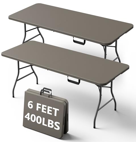6FT Folding Table, Heavy Duty Plastic Fold-in-Half Utility Table with Handle, Portable Camping Picnic Table with Steel Legs for Indoor Outdoor Party, Dining, Khaki,2 Pack - color: Khaki, size: 6FT-2pack
