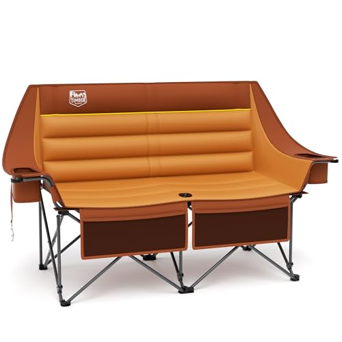 Timber Ridge Double Camping Chair, Heavy Duty Outdoor Folding Camp Couch, Loveseat Camping Chairs Perfect for Campsites, Patio/Lawn, Soccer Games or Other Youth Sports, Supports 600 lbs - color: Loveseat Orange