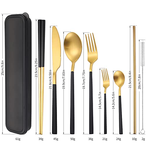 AARAINBOW 6 Pieces Stainless Steel Flatware Set Portable Reusable Cutlery Set Travel Utensils Set Including Chopsticks Knife Fork Spoon Straws Cleaning Brush Dishwasher Safe (B-Black golden) - color: B-Black golden