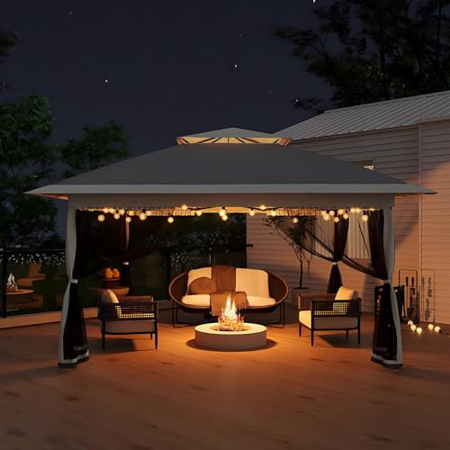 Garvee 12x12FT Pop Up Gazebo with Mosquito Netting, Outdoor Canopy Tent Easy Setup for Backyard Patio Garden Deck, Grey - color: Gray, size: 12FT