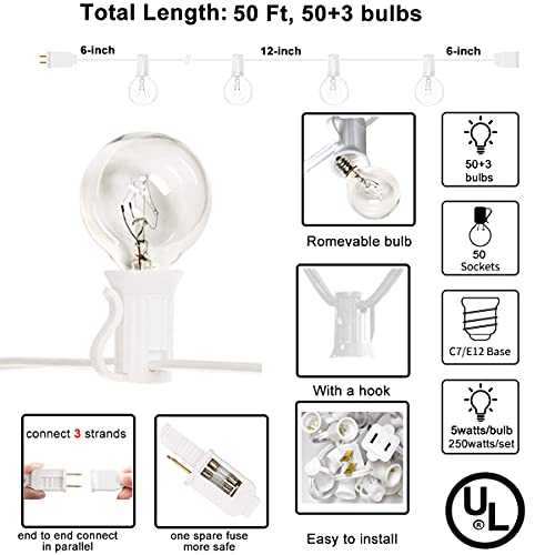 Abeja 50Ft Outdoor Patio String Lights with 53 Clear Globe G40 Bulbs,UL Listed for Patio Porch Backyard Deck Bistro Gazebos Pergolas Balcony Wedding Gathering Parties Decor, White - color: 50Ft Amber White-White, size: 50FT