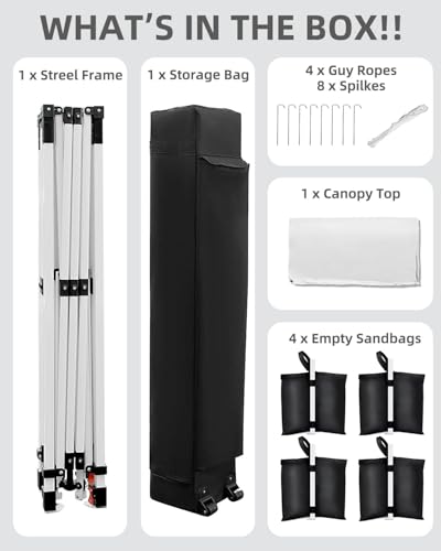 GarveeLife 10x10 Pop Up Canopy with One Button Push Setup - Heavy Duty Outdoor Canopy Tent with Portable Roller Bag - 3 Adjustable Height, 4 Weight Bags, 8 Stakes & 4 Guy Ropes Included, White - color: White