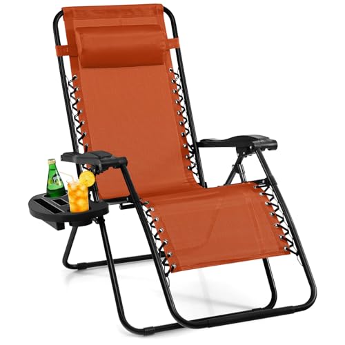 Giantex Zero Gravity Reclining Chair, Outdoor Patio Recliner with Cup Holder & Removable Pillow, Adjustable Backrest, Indoor Lounge Chair for Backyard, Garden, Poolside (Orange) - color: Orange, size: 1 Count (Pack of 1)