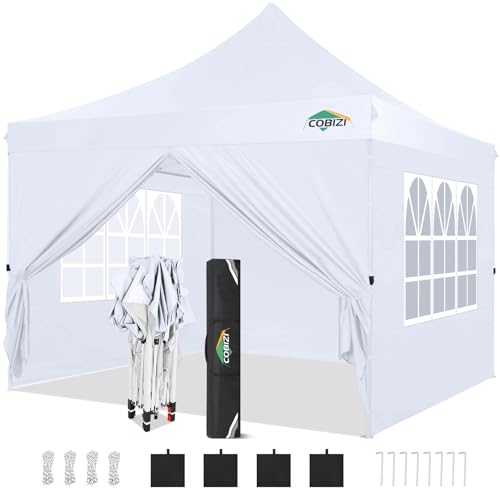 COBIZI 10x10 Pop Up Canopy with 4 Sidewalls, Canopy Tent 10x10 for Parties, Backyard, Commercial, Waterproof and Portable Instant Shelter UV50+ Outdoor Gazebo with 4 Sandbags(White) - color: White, size: 10x10FT