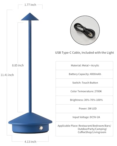 Modern Cordless Table Lamp Set of 2, Portable LED Desk Lamps, 4000mAh Rechargeable Battery Operated Lighting for Bedroom Dining Room Restaurant Coffee Shop Outdoor Camping Night Light (Blue) - color: Blue (2 Pack)