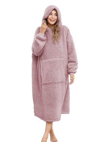 Sherpa Wearable Blanket Oversized Hoodie Sweatshirt TV Blanket with Long Sleeves and Pocket (DustyPink, One Size) - color: Dustypink