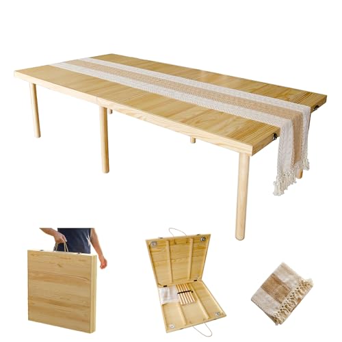 Amdermi Folding Picnic Table with Table Runner, Portable Boho Low Picnic Table for Indoor Outdoor, 60" x 30" Wooden Table for Camping, Wedding, Beach, Garden, Party(Large Size for 6-8)