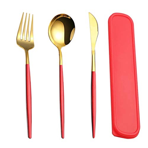 Reusable Utensils Set With Case, Reusable Travel Flatware，Travel Silverware Set With Case ，Reusable Travel Flatware For Home Office School Camping - color: Red Gold - 3 PCs