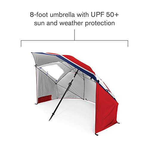 Sport-Brella Premiere UPF 50+ Umbrella Shelter with Patented Side Panels and Tilt Mechanism, Heavy-Duty 1.25 Inch Center Pole, Auger Anchor for Sand and Grass - color: Red / White / Blue Stripe, style: REG
